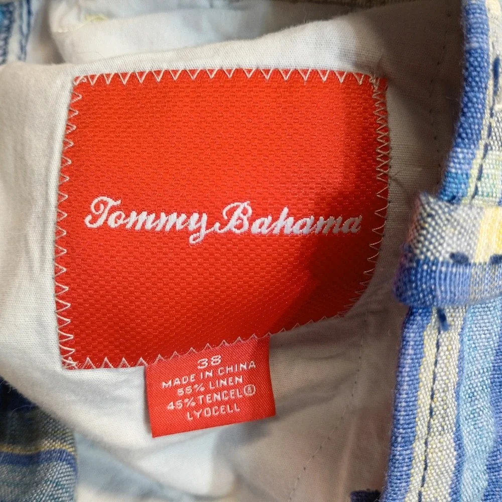 Tommy Bahama Mens Size 38 Linen Tencel Plaid Shorts Blue Resort Casual Coastal